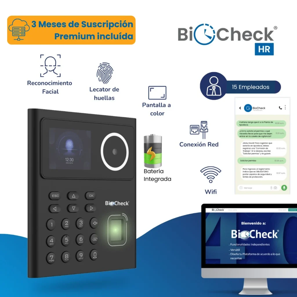 Checador BioCheck HR con reconocimiento facial y lector de huellas, 3 meses de suscripción Premium para 15 empleados
